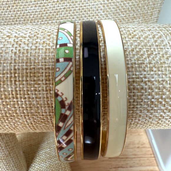 Set Of 3 J.Crew Goldtone Bangles - Enamel Patterned & Solid Colors - 7" Diameter - Picture 1 of 8
